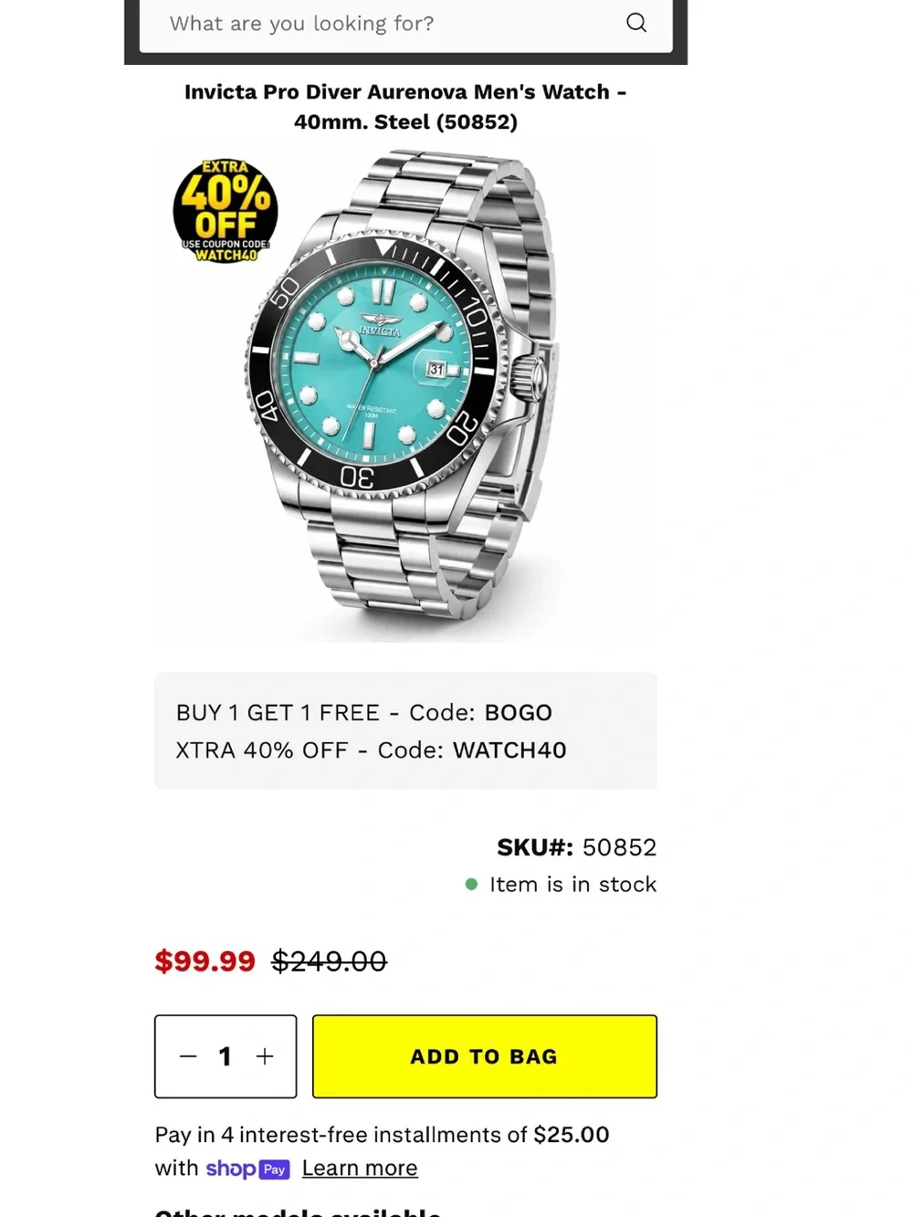 Invicta Pro Diver Aurenova Men's Tiffany Blue Watch - 40mm. Steel (50852)